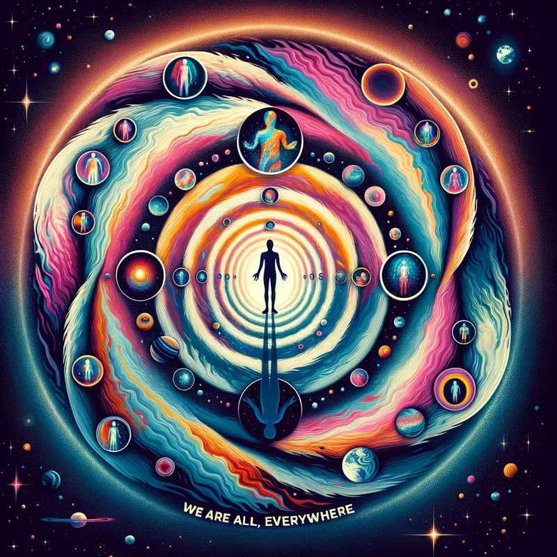 Unified Existence - A conceptual poster showing a central figure surrounded by a whirlwind of alternate selves and realities. The quote 'We Are All, Everywhere' is highlighted in vibrant colors, suggesting the interconnectedness of all beings across the multiverse. - AI image generated with Art