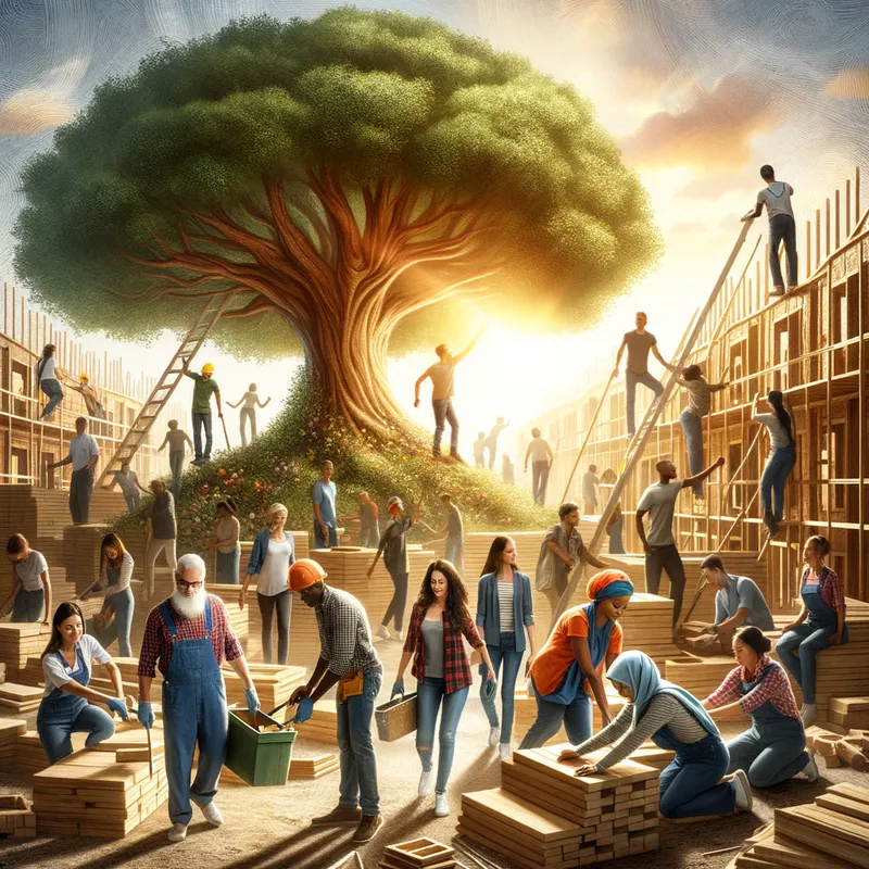 Unity Under the Sun - An inspiring depiction of a community in the midst of enhancement, with volunteers working side by side to construct new homes. Among the buildings, a large tree stands as a symbol of natural stability and growth, while the gentle sunlight bathes the entire scene in a welcoming glow. - AI image generated with Art