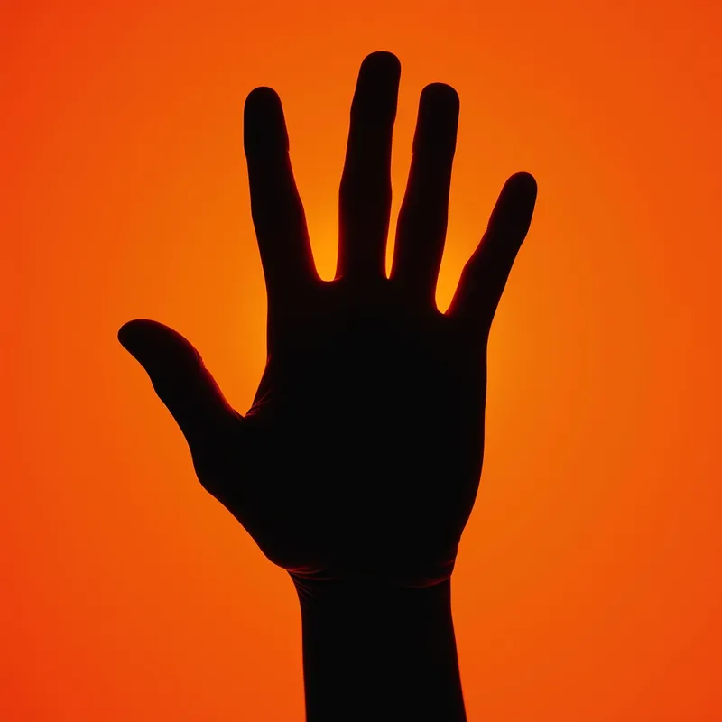 Universal Stop Silhouette - An all-black silhouette of a human hand, palm facing forward in a clear universal stop sign gesture. The fingers are natural, slightly apart, and the background is a bright, contrast-boosting color for striking visual impact. - AI image generated with Photorealistic 2