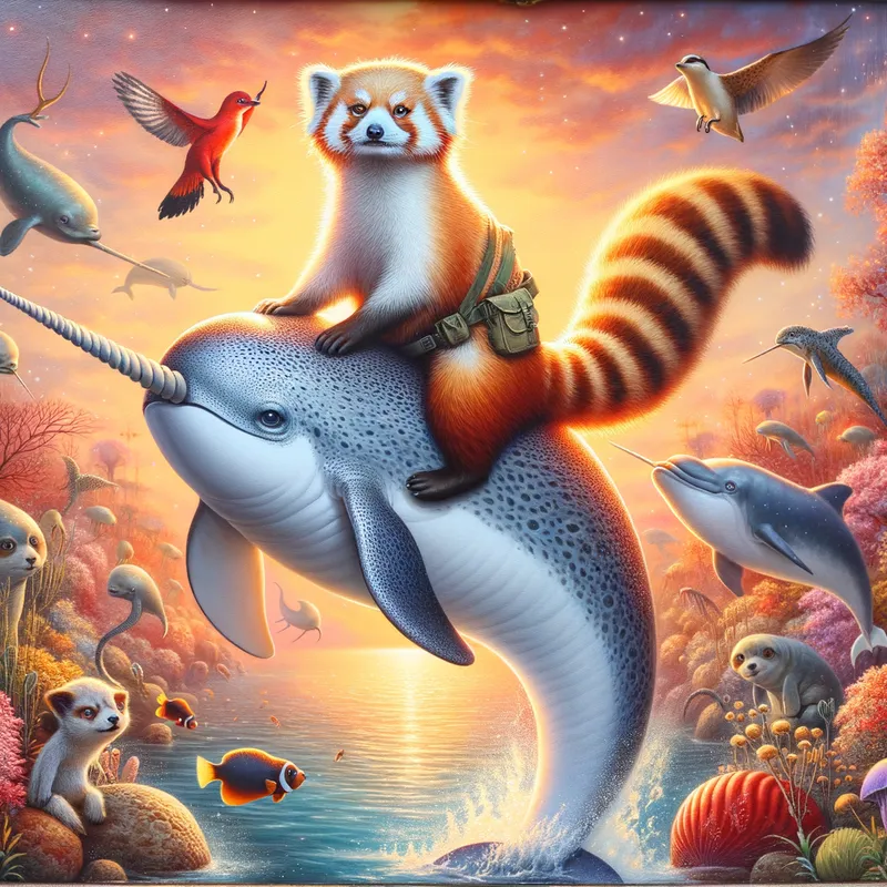 Unlikely Companions - An enchanting artwork showing an adventurous meerkat atop a red panda, who is riding a powerful narwhal. The trio is surrounded by marine life, with the sun setting in the background creating a magical ambiance. - AI image generated with Art