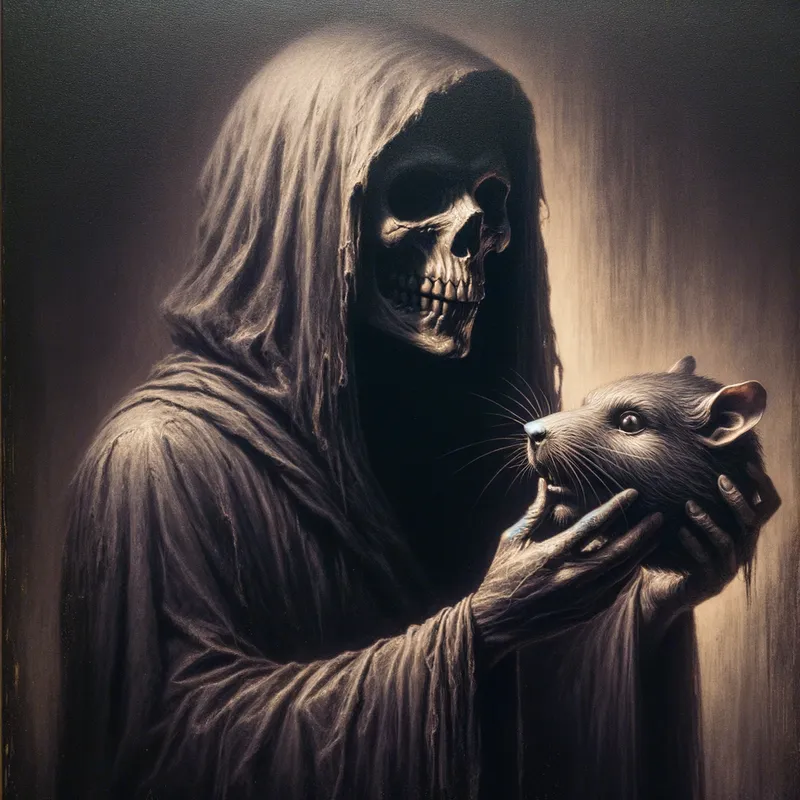 Unmasking Fear - Spooky Ghostface character depicted holding his mask in one hand, showing a rat's face beneath, in a dark and eerie setting. - AI image generated with Art