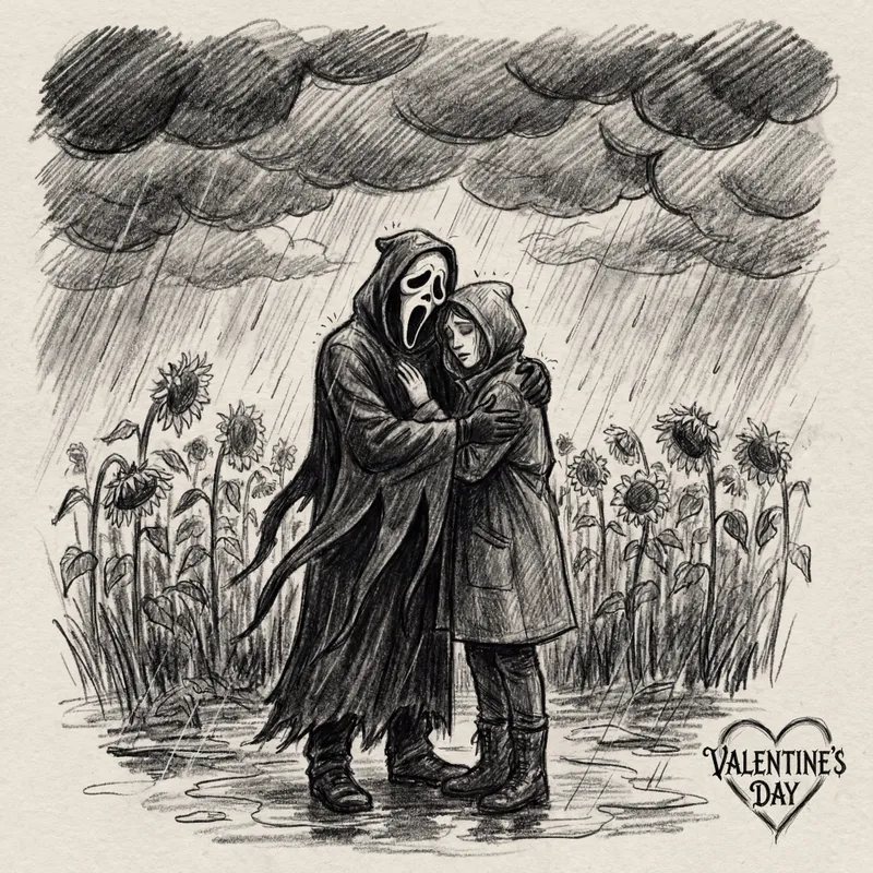 Unstoppable Love, Immovable Devotion - With rain pouring around them in a field of sunflowers, Ghostface and his beloved stand together as the unstoppable force meets the immovable object. It’s Valentine's Day, and their chemistry is undeniable as they share a close, intimate embrace, undisturbed by the downpour. The scene bursts with romance, fun, and a sense that they were always meant to find each other. - AI image generated with 4K Pro - dark tones, cartoony, pencil drawing