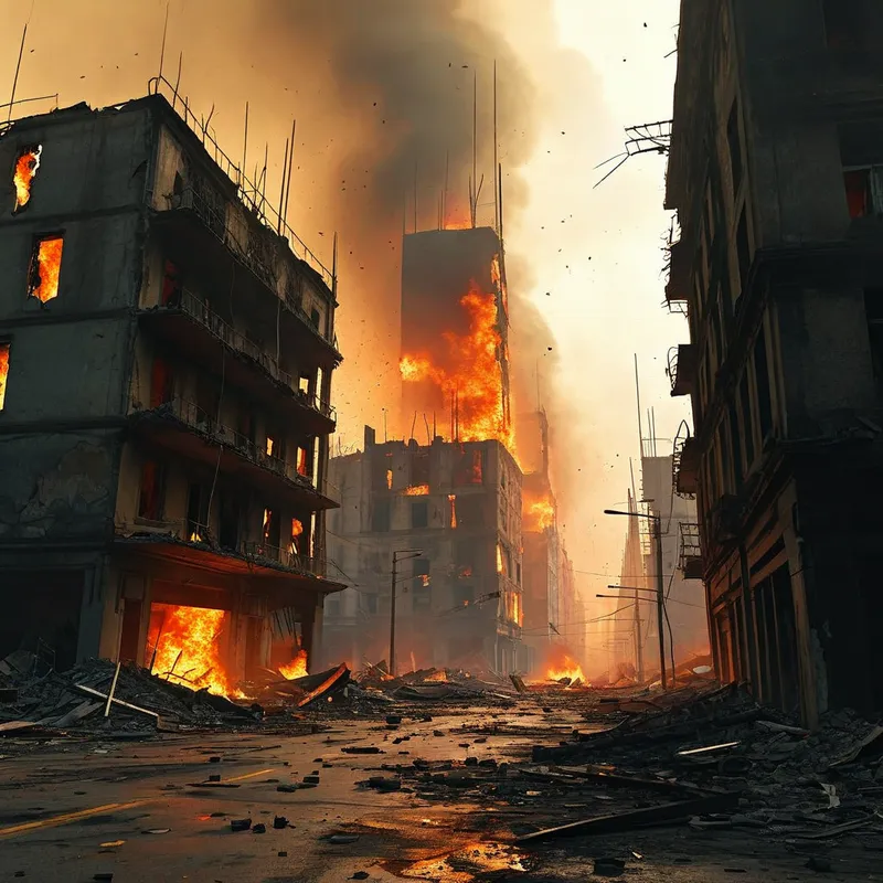 Urban Ashes - A haunting vision of a city reduced to ashes, with no structures taller than two stories. The empty streets, free of cars, weave through the fiery destruction. - AI image generated with Nova Canvas
