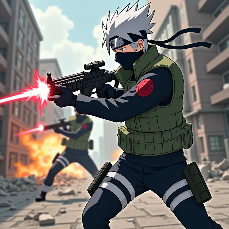 Urban Assault Kakashi - Kakashi engaging in a fierce urban combat scenario, equipped with tactical armor and advanced weaponry, using chakra-infused moves alongside modern warfare tactics, with crumbling buildings and explosions in the background. - AI image generated with Photorealistic 2