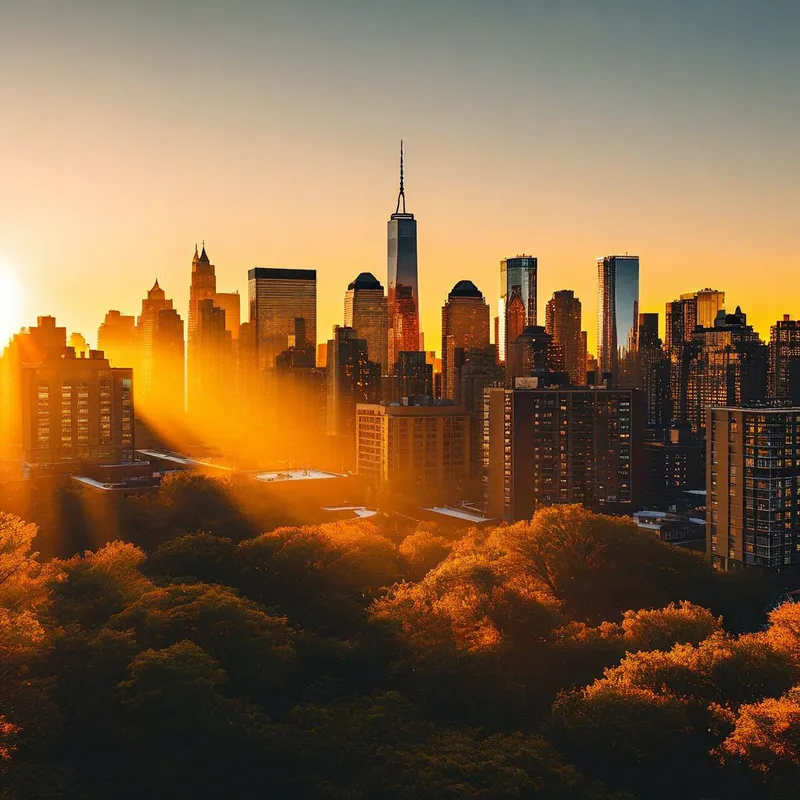 Urban Dawn - A city skyline bathed in the early morning light, with the sunrise painting the buildings in warm, golden tones. - AI image generated with Nova Canvas