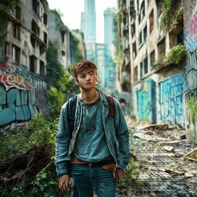Urban Explorer - A young man in casual clothes exploring an abandoned cityscape, with graffiti-covered walls and nature slowly reclaiming the buildings.