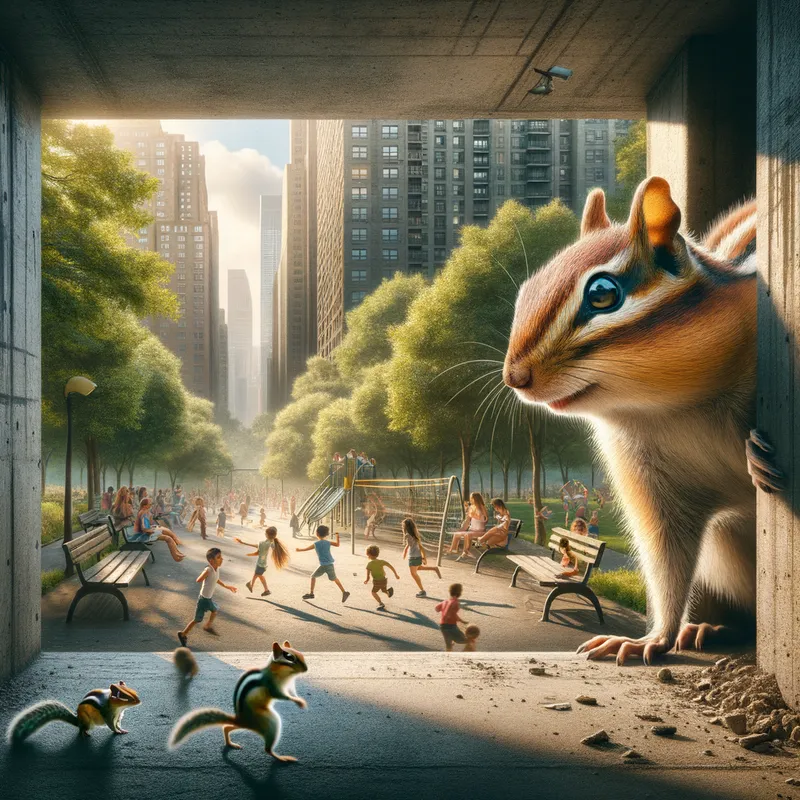 Urban Explorer - A clever chipmunk navigating the nooks and crannies of a busy city park, with children's laughter in the background and the contrast of nature meeting urban life. - AI image generated with Art