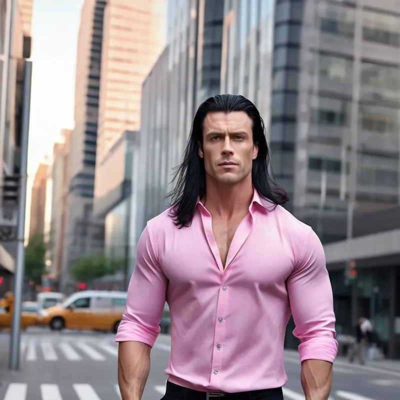 Urban Fashion Strength - A muscular handsome white man with long flowing black hair, dressed in a stylish pink shirt, standing in a modern city street scene, confident expression, natural light, fashion editorial look, realistic and detailed. - AI image generated with Photorealistic
