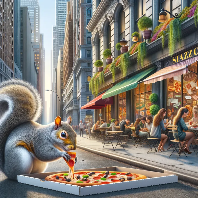 Urban Forager - Illustrate an urban scene where a street-smart, grey squirrel is stealthily eating leftover pizza scraps it found near a bustling city sidewalk cafe. - AI image generated with Art