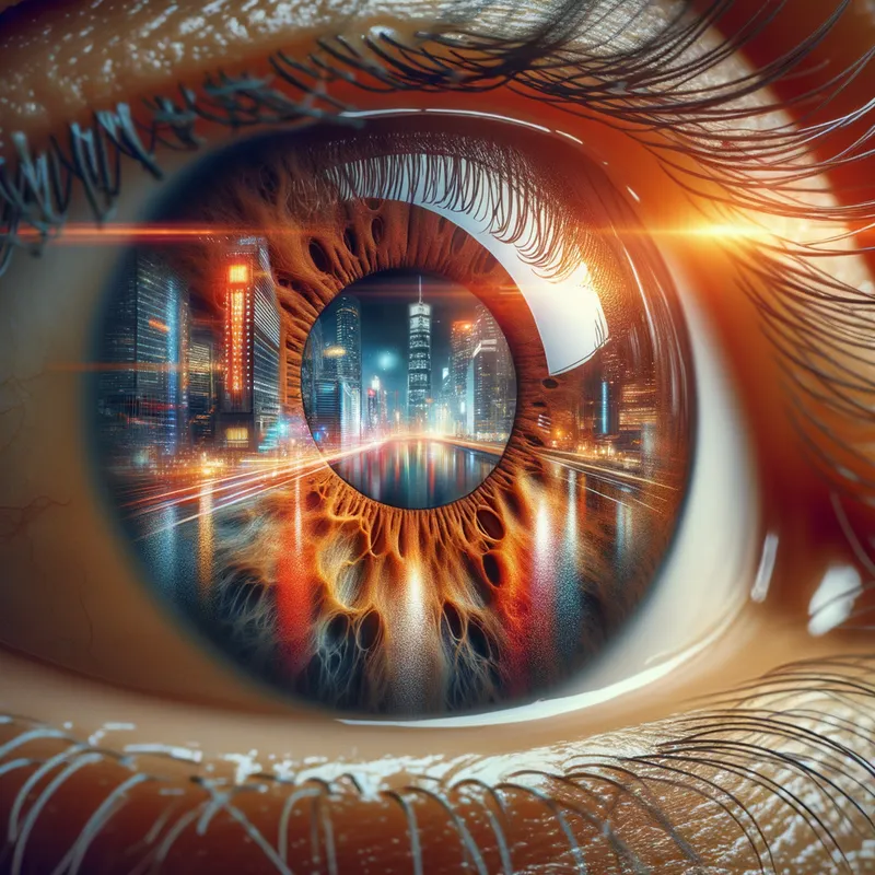 Urban Reflection - An urban-themed brown eye where the iris reflects a bustling city skyline at night, with glowing city lights and skyscrapers, symbolizing a modern and vibrant life. - AI image generated with Art - lens flare, close-up, extreme close-up