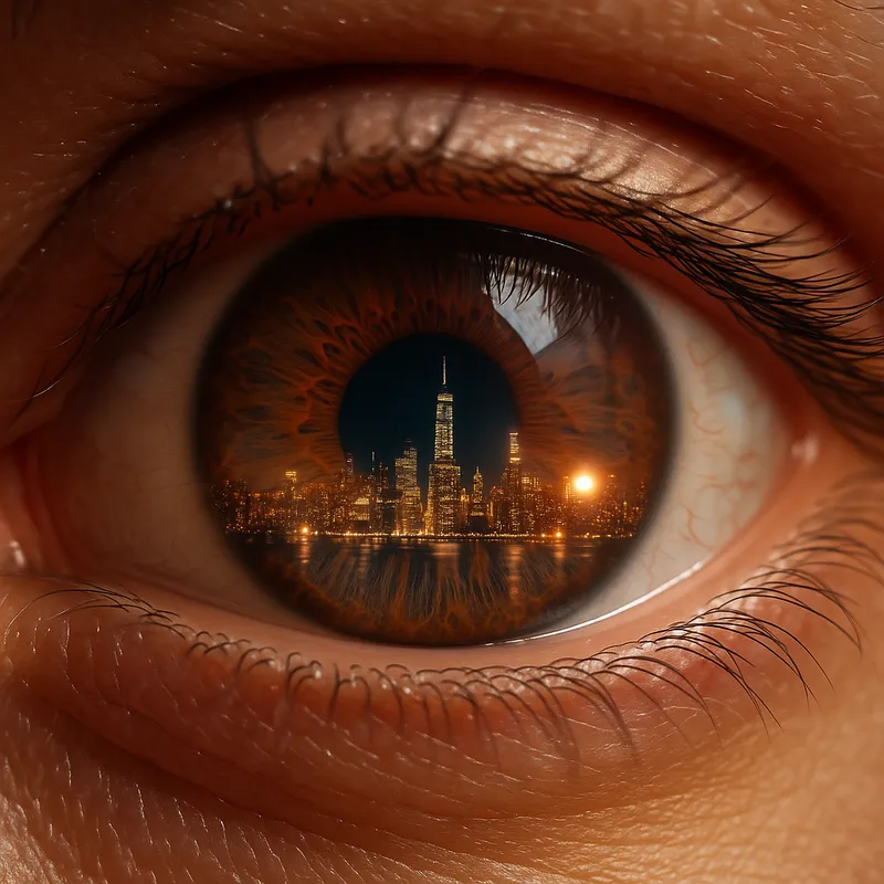 Urban Reflection - An urban-themed brown eye where the iris reflects a bustling city skyline at night, with glowing city lights and skyscrapers, symbolizing a modern and vibrant life. - AI image generated with GPT Image - lens flare, close-up, extreme close-up