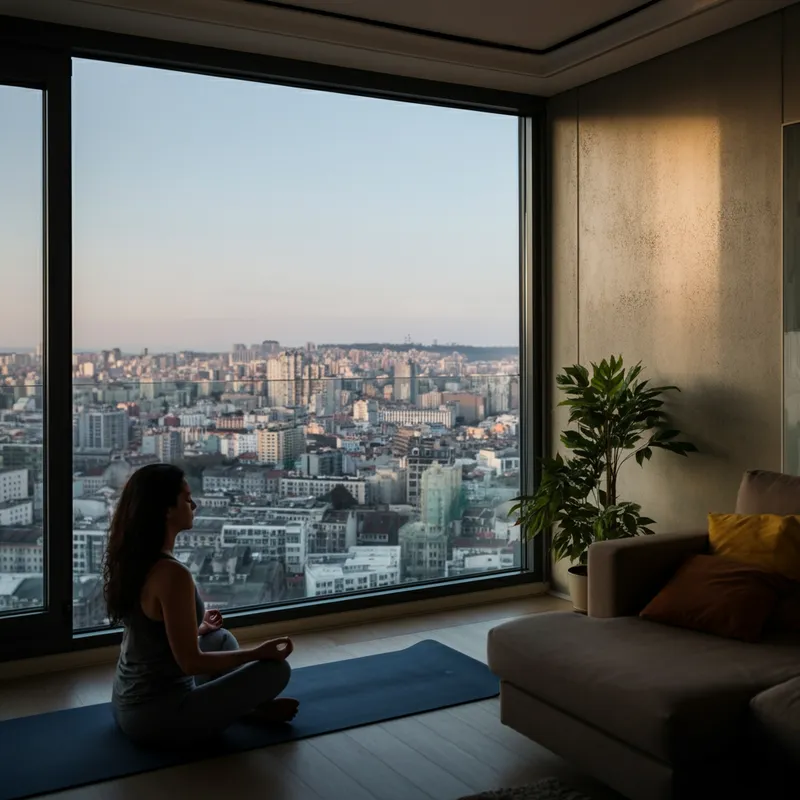 Urban Sanctuary - A woman meditates in a modern living room with large windows that overlook a bustling cityscape. The room combines sleek furniture with elements of nature, offering a perfect balance between urban and serene. - AI image generated with Imagen 3