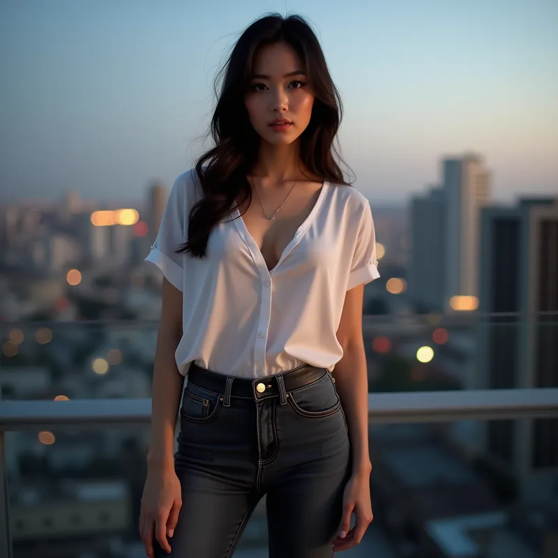 Urban Seduction - A gorgeous Japanese woman strikes sultry poses in a soft white t-shirt with an ample neckline, dark slim jeans, and black leather riding boots. Set against a cityscape backdrop at dusk, she embodies both sophistication and bold allure. - AI image generated with Photorealistic 2