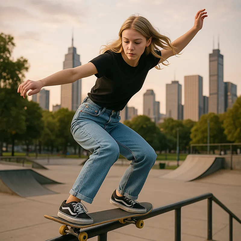 Urban Skateboarder - A teenage girl with blonde hair, wearing jeans and a black shirt, skateboarding in an urban park, performing tricks on ramps and rails with a city skyline in the background. - AI image generated with GPT Image