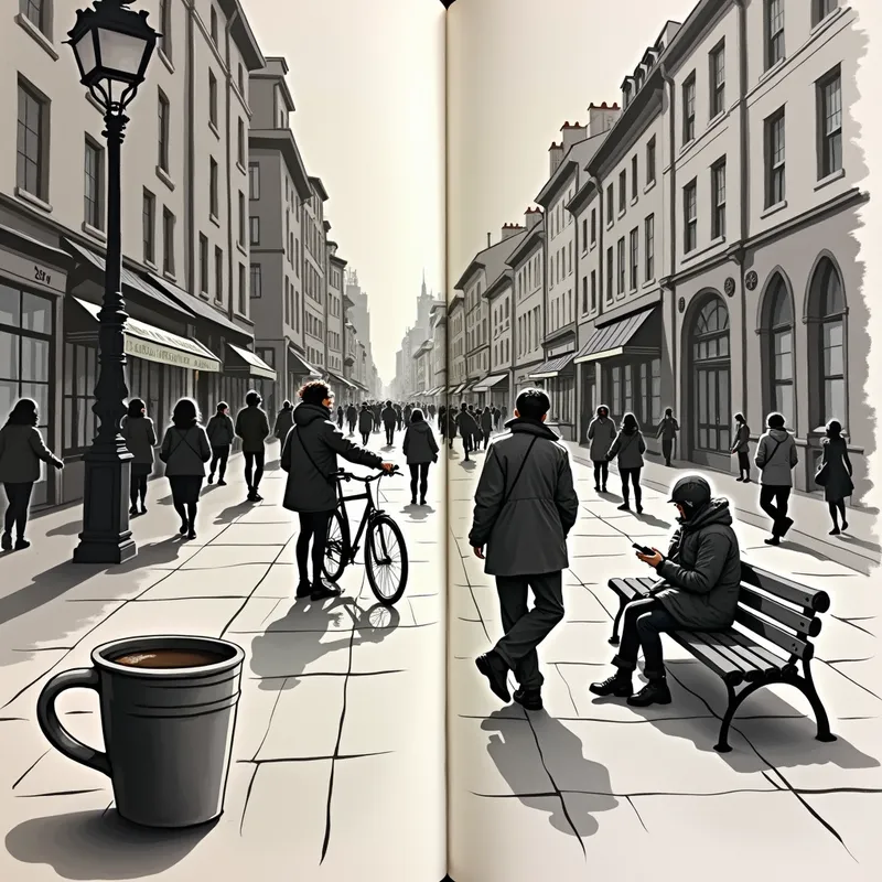 Urban Sketches - An art diary page brimming with pen drawings of people in a bustling cityscape, interacting with everyday objects like bicycles, coffee cups, and park benches. - AI image generated with Text - dark tones, sketching, Pablo Picasso