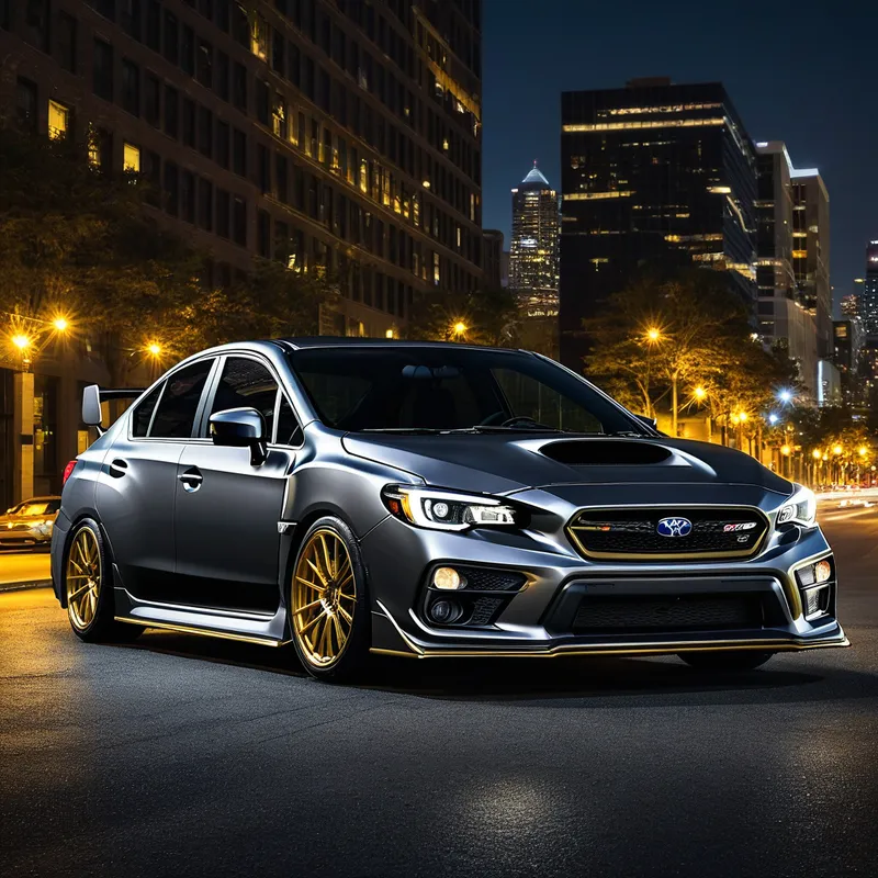 Urban Stealth - A digital portrait of a dark gray 2018 WRX lying low on gold wheels, blending into the urban environment with its carbon hood scoop barely catching the city lights, imbuing a sense of stealth and mystery. - AI image generated with Photorealistic