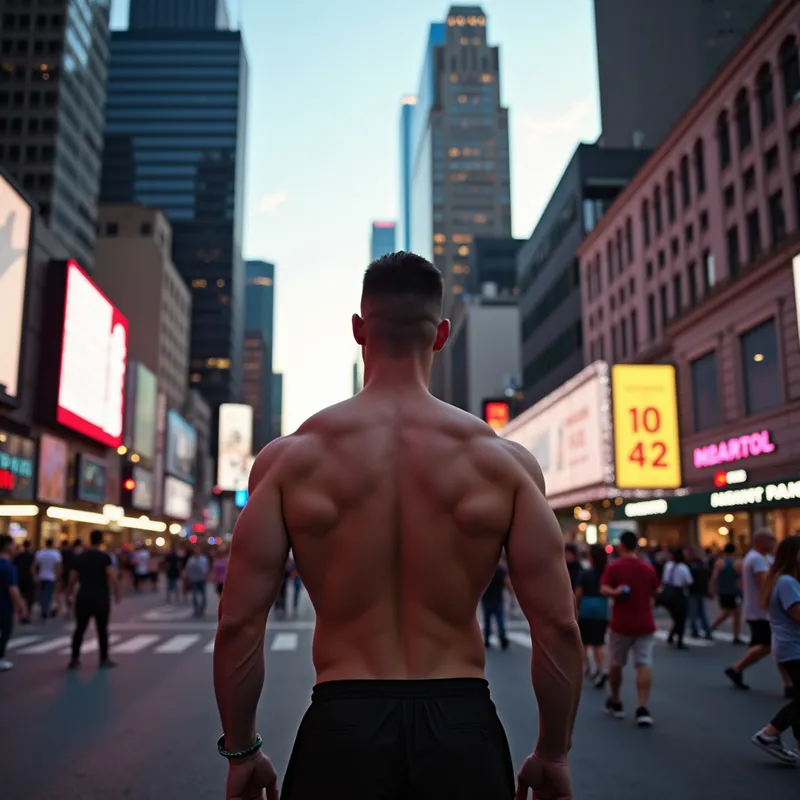 Urban Strength - A muscular, shirtless man standing in the middle of a bustling city street at dusk, with skyscrapers towering above, neon lights glowing, and people passing by. - AI image generated with Photorealistic 2