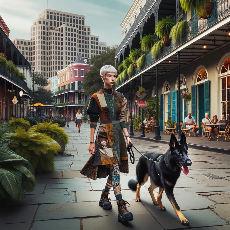 Urban Stroll: Young Woman & Her Shepherd - An eccentric young woman, characterized by her short white hair, walking alongside her black-haired German shepherd through a modern urban landscape in New Orleans. - AI image generated with Art