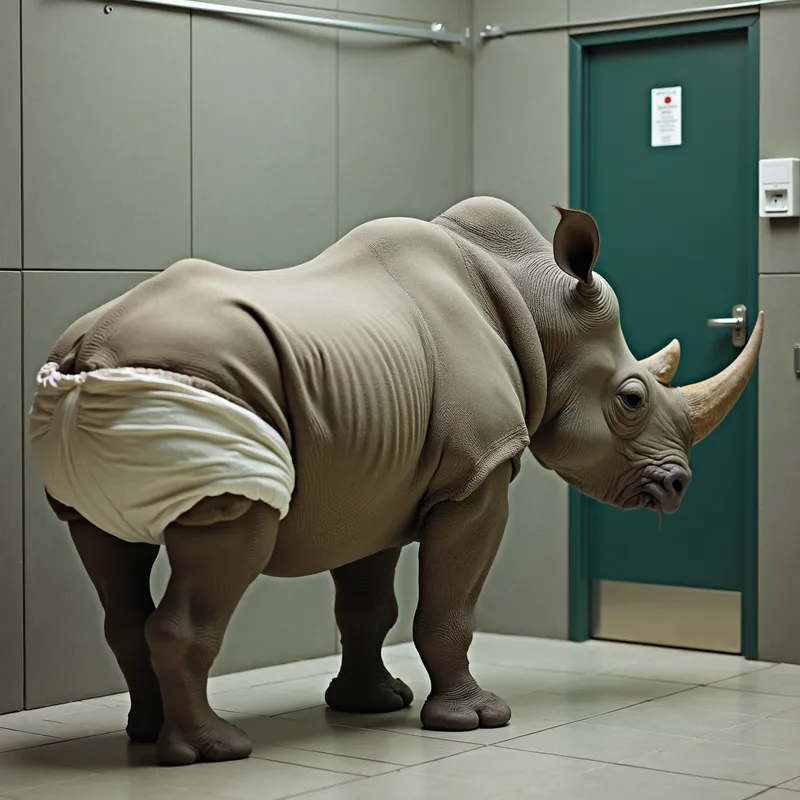 Urgent Rhino - A muscular rhino wearing a thick diaper, anxiously waiting in front of a locked public toilet, shifting its weight from one foot to another. - AI image generated with Photorealistic 2