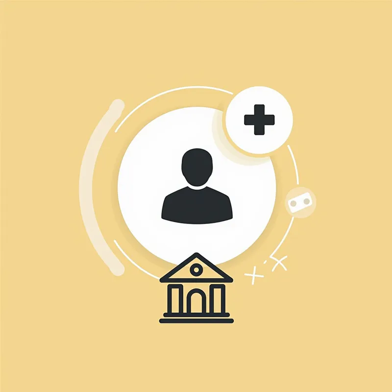 User-Friendly Bank Enrollment Icon - A user-friendly icon for the enrollment process in a bank management system. Features a human figure, a bank symbol, and a plus sign indicating new Loan creation. - AI image generated with Photorealistic 2