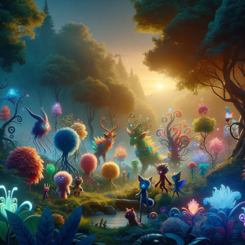 VMAX Forest - An enchanted forest filled with colorful VMAX Pokémon interacting with their environment, showcasing a magical atmosphere with glowing plants and a sunset backdrop. - AI image generated with Art