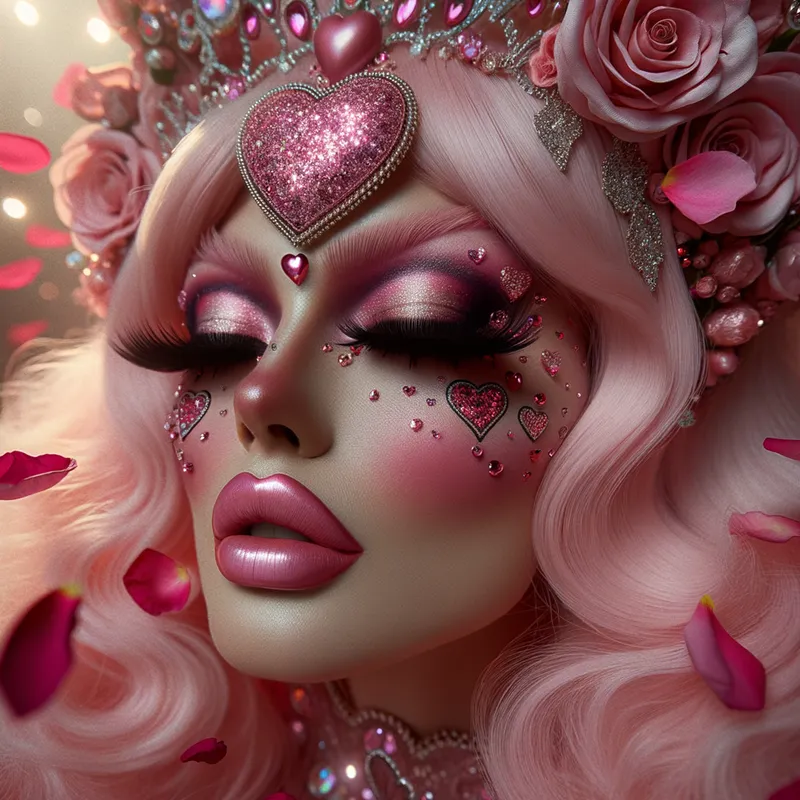 Valentine Glamour Wig - A close-up of a drag queen's face, showcasing dramatic makeup and an extravagant heart-shaped pastel pink wig with glittering accessories, surrounded by rose petals and soft, ambient Valentine's Day lighting. - AI image generated with Art