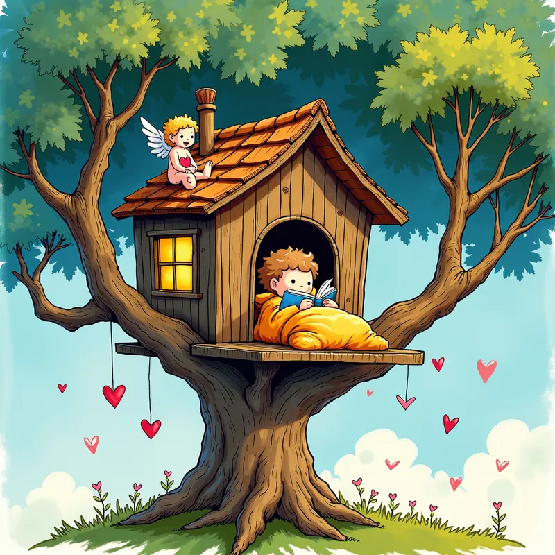 Valentine's Tree House Adventure - David Weisner inspired picture of a cute, smiling tree house up in a tree with a happy sleeping bag reading a book with Cupid up in the tree watching, in on Valentine's Day - AI image generated with Photorealistic 2 - alcohol ink, cartoony, Van Gogh