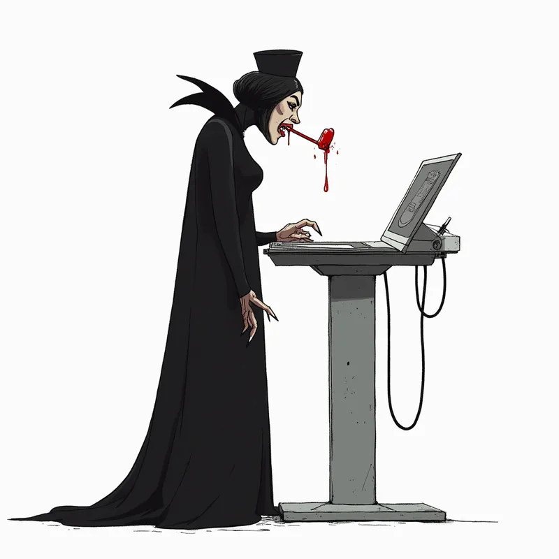 Vampire Nurse Awaits - A dark and mysterious vampire dressed as a nurse, standing in a blood donation center, baring her sharp fangs with a drop of blood dripping from one fang, set against a stark white background. - AI image generated with Photorealistic 2 - minimalist line art, Salvador Dali