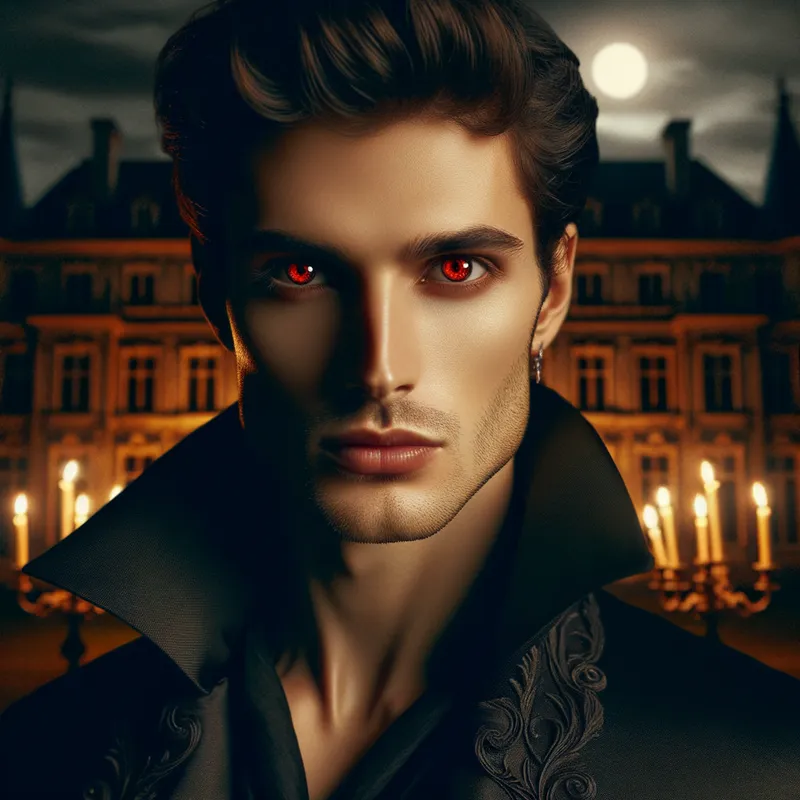 Vampire Seduction - Jimin with a captivating gaze, wearing a sleek, dark cloak. His eyes glow a mesmerizing red, and the background is a grand gothic mansion illuminated by candlelight. - AI image generated with Art