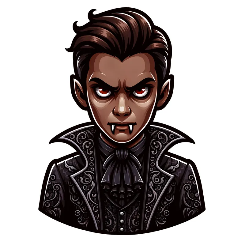 Vampire of Dark Realism - A cartoon-realism styled image of a Gothic vampire with brown skin, featuring a menacing expression. The character is adorned in intricate, dark Gothic fashion. - AI image generated with Art