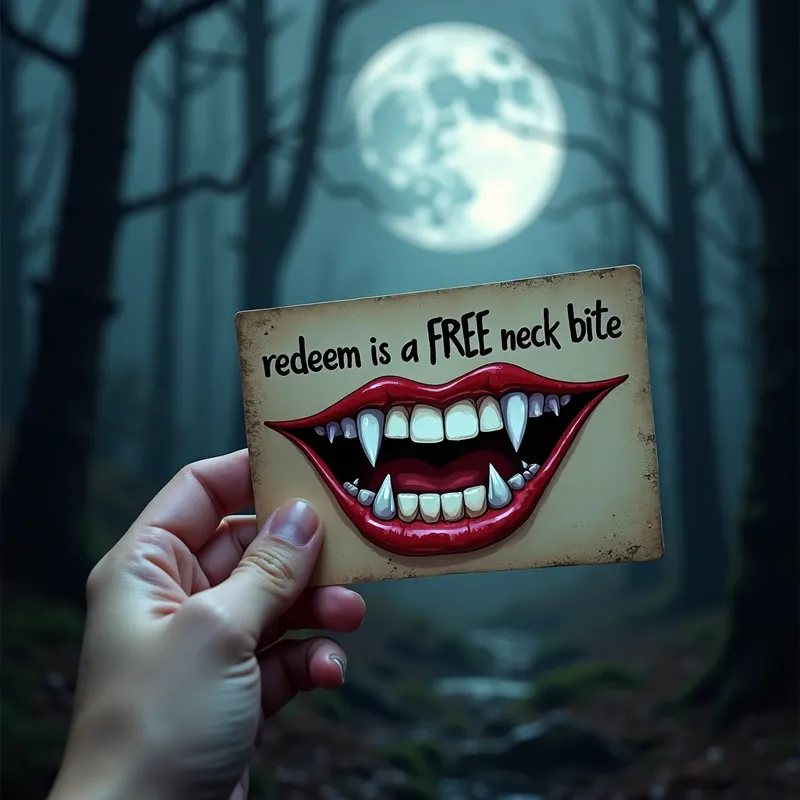 Vampire's Bite - A lifelike card displaying the text 'redeem for a free neck bite' with perfectly drawn vampire fangs, set against a haunting backdrop of a moonlit, foggy forest. - AI image generated with Photorealistic 2