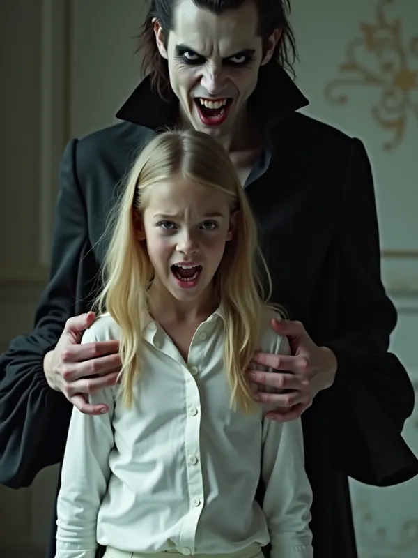 Vampire's Embrace - A dramatic scene of a young girl in modern white attire, with beach blonde hair, standing in distress as a menacing vampire grabs her shoulders. The vampire's black shirt with billowy sleeves and faux leather pants contrast starkly with the girl's bright outfit, creating a visually striking image. The vampire's pale skin and fanged teeth emphasize the tension of the moment. Cinematic, epic realism, 8K, highly detailed, medium shot, full body. - AI image generated with Photorealistic 2