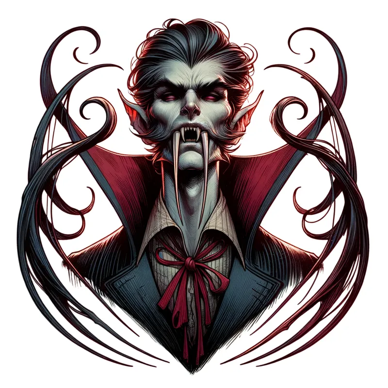 Vampiric Realism - image of a vampire with long fangs  in fantasy realism mixed with cartoon realism

 - AI image generated with Art