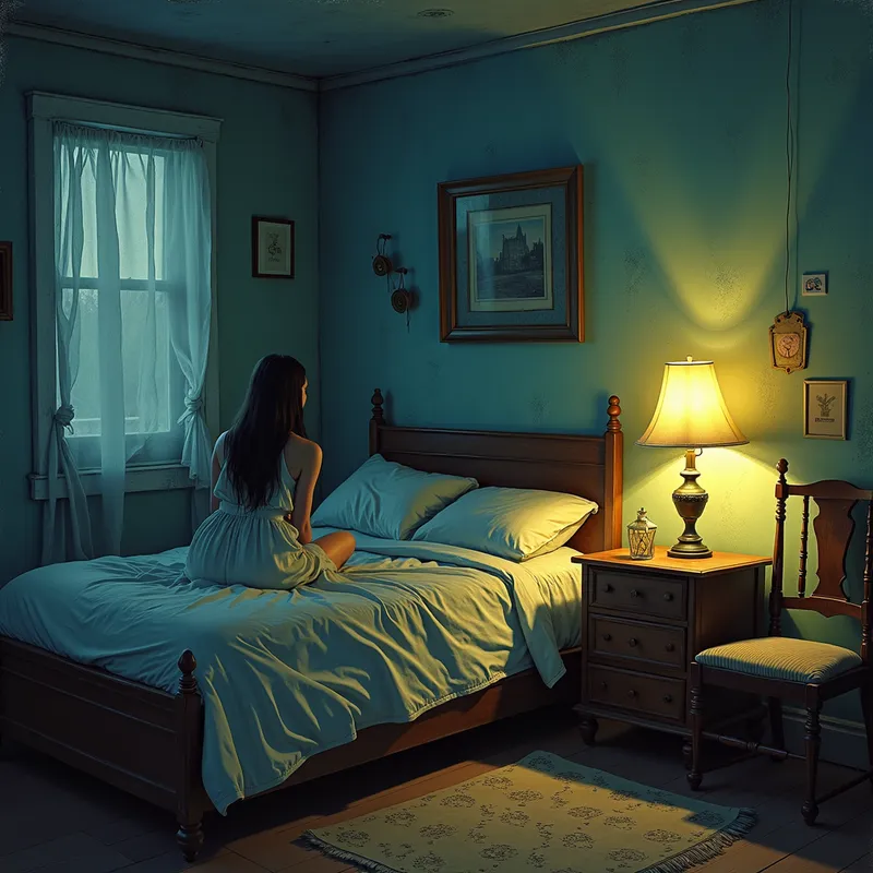 Van Gogh-esque Night: Pam's Bedtime - A girl ,Pam getting ready for bed  - AI image generated with Text - nostalgic vintage scene, night lighting, abstract