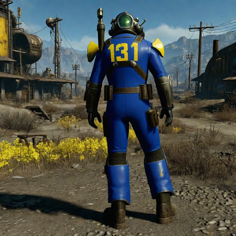 Vault 13 Character in Blue Suit - Fallout character with blue vault suit with yellow number 13 on back - AI image generated with Photorealistic