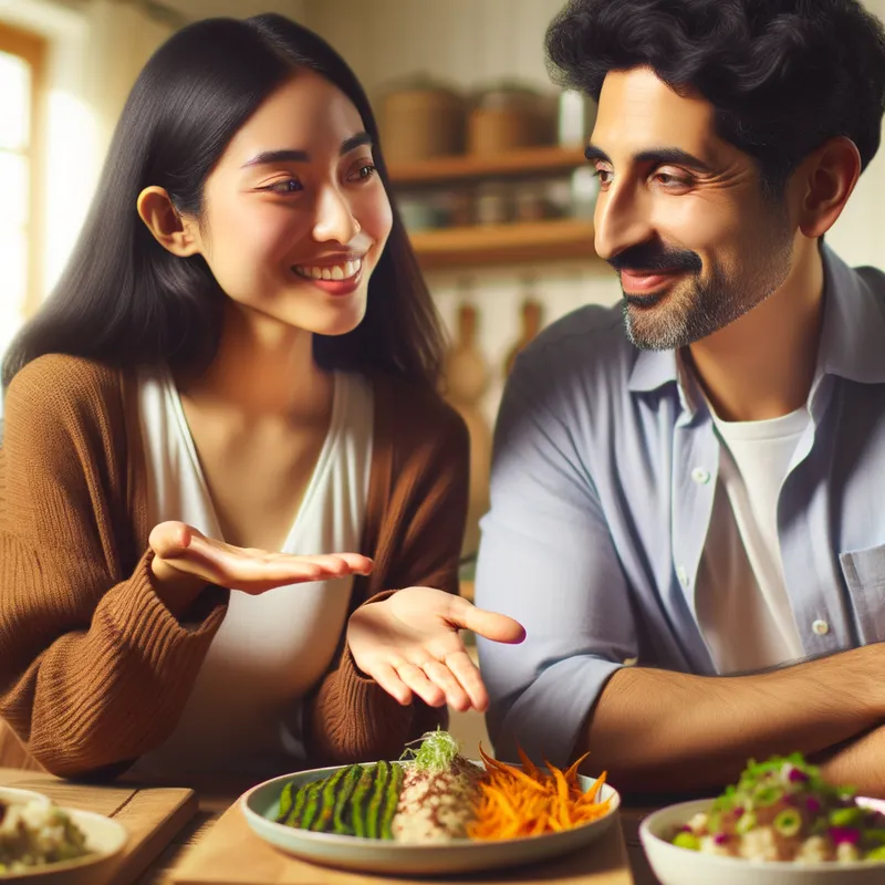 Vegan Dish Persuasion - Please, I want you to create an image of a vegetarian talking to a friend, trying to persuade them to eat a vegan dish and claiming it is delicious. - AI image generated with Art