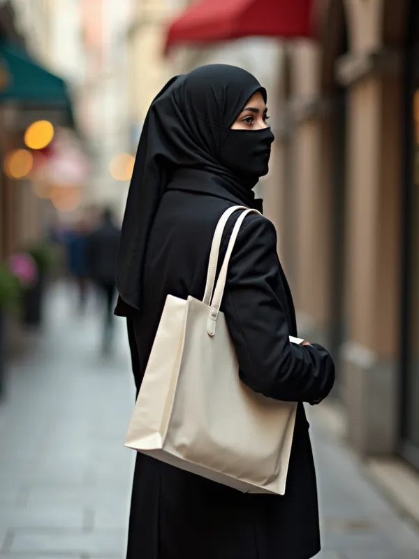 Veiled Shopper's Tote - a veiled woman holding her shopping tote bag on her shoulder hanging on her back - AI image generated with Photorealistic 2