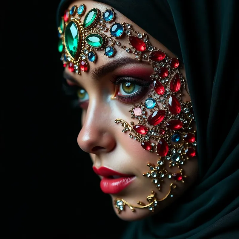 Velvet Jewel Visage - A captivating image of a woman's face encrusted with an array of deep red, deep blue, and emerald green precious stones. The background of black velvet brings out the vibrancy and luster of the jewels. - AI image generated with Photorealistic 2 - fantasy art