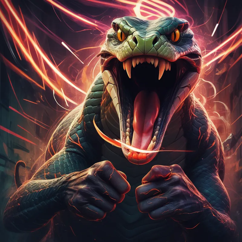 Venomous Revolver - A futuristic painting of a snake, mouth agape during an aggressive strike, featuring gunfinger-shaped hands as its fangs, surrounded by dynamic light trails and stylized, sharp background contrasts. - AI image generated with Stable Diffusion XL - typography drawing, master shot