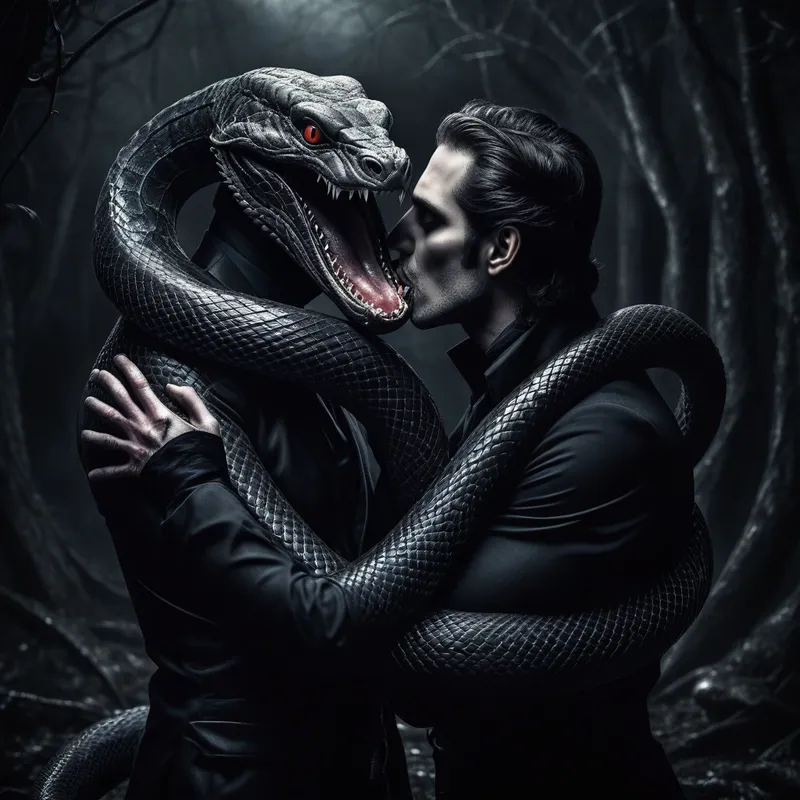 Venomous Seduction - An ominous serpent wrapped tightly around a sinister man, squeezing him as it shares an unsettling kiss on his lips and gazes into his eyes. Create a visually striking scene with dramatic contrast, rich textures, and a gothic fantasy mood that emphasizes both danger and twisted intimacy. - AI image generated with Stable Diffusion XL