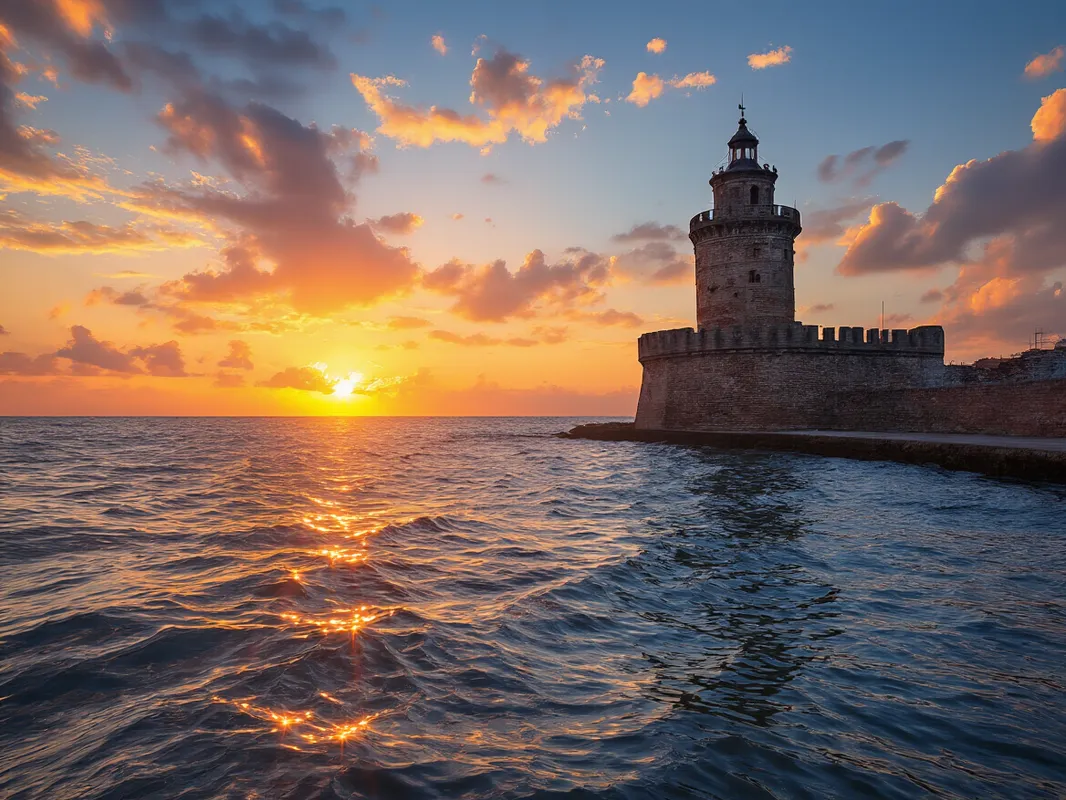 Veracruz Harbor at Daybreak - The day begins at Veracruz Harbor with a spectacular sunrise. The early morning light dances on the waves of the sea, and the silhouette of the Castillo de San Juan de Ulúa stands proudly against the vibrant colors of the dawn sky. - AI image generated with HiDream Full - picture of the day, photorealistic, stained glass image