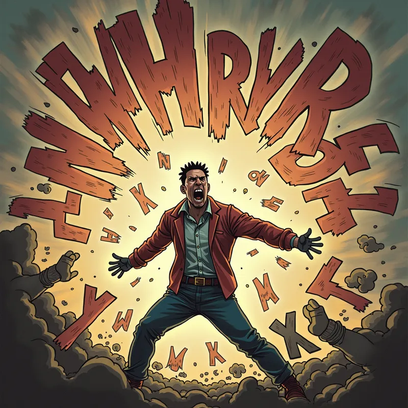 Verbal Attack - A powerful depiction of a figure being surrounded and attacked by flying words that look like angry, razor-sharp letters, showing how words can metaphorically injure. - AI image generated with Photorealistic 2