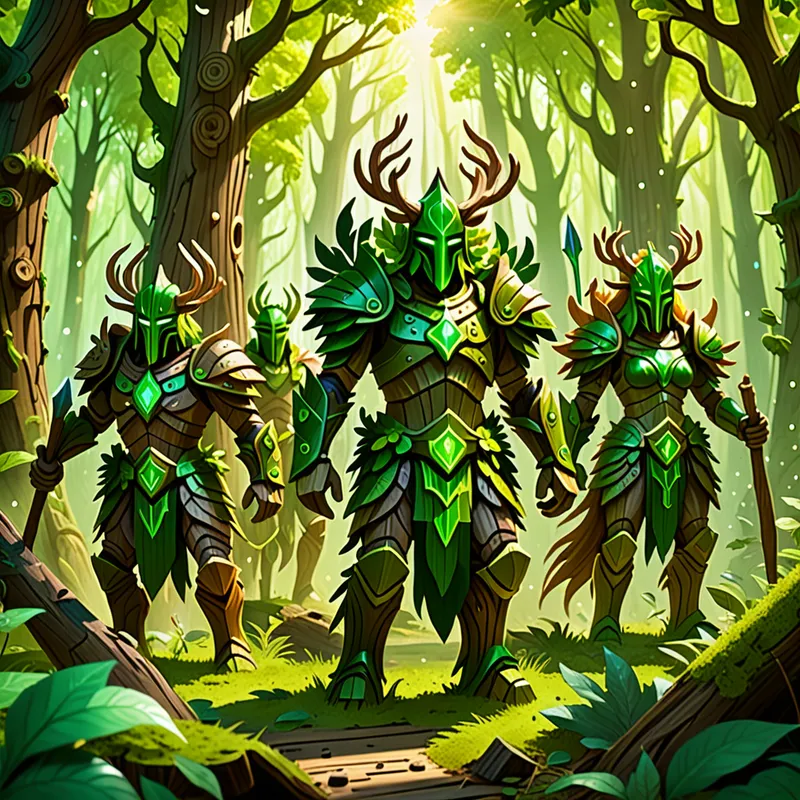 Verdant Bark Defenders - A beautiful fantasy scene of wooden creatures transformed into green warriors, with natural wooden armor, leafy crowns, and magical energy radiating through a vibrant forest filled with sunlight and floating particles. - AI image generated with Fictional
