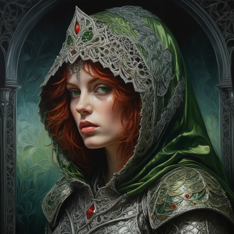 Verdant Filigree Guardian - An ethereal fantasy portrait in chiaroscuro oil painting style, depicting a beautiful woman with short messy red hair and piercing green eyes, adorned in elaborate green and silver armor with an embroidered hood. Rich metallic filigree, delicate scales, and lace-textured ornamentation create a couture fantasy look. High realism, dramatic lighting, mystical atmosphere, and ultra-detailed surfaces. - AI image generated with Photorealistic - profile view, chalk, alcohol ink