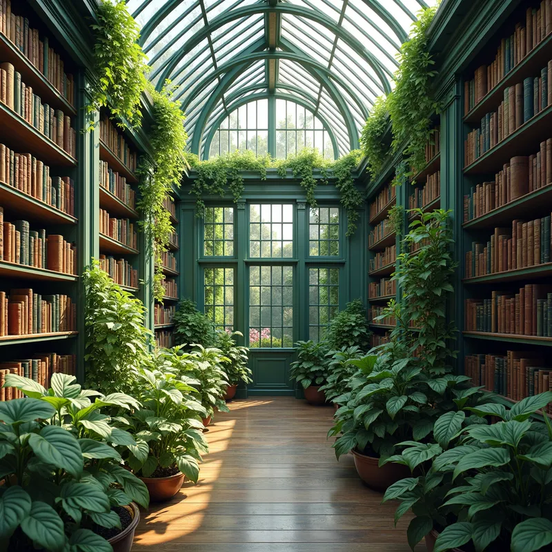 Verdant Library - A spacious greenhouse where the walls of glass house countless bookshelves stacked with numerous books, all interwoven with thriving plants and vines. The photorealistic setting shows natural light enhancing the emerald hues of the plants and the covers of the books. Image size 1920 x 1080. - AI image generated with Photorealistic 2