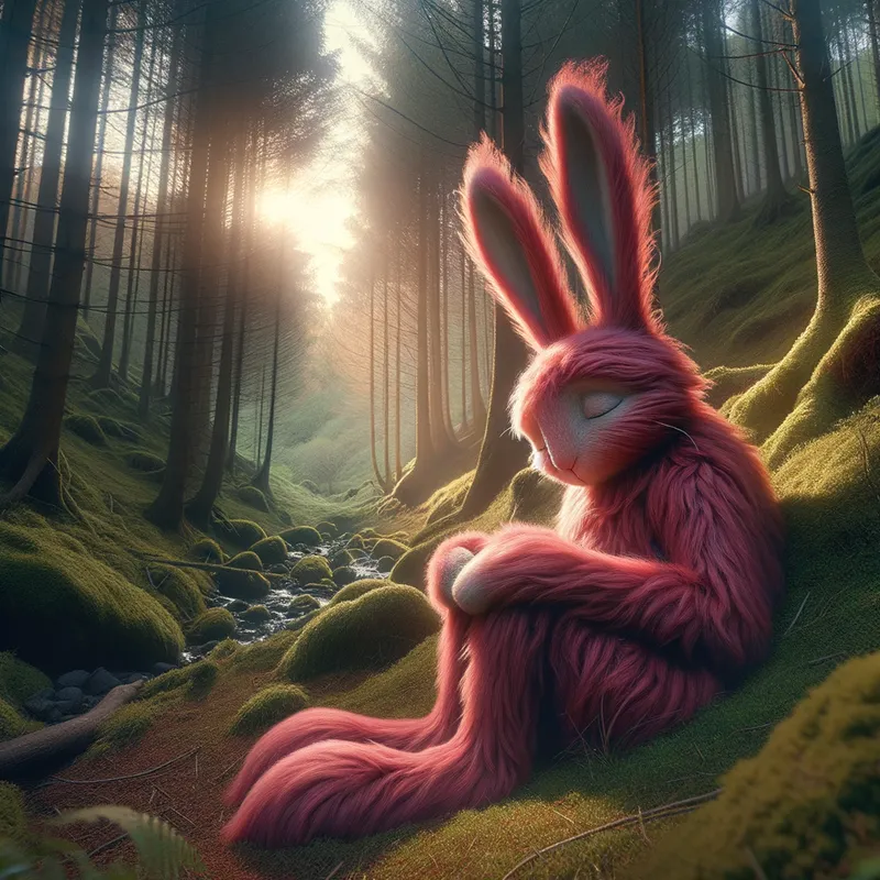 Verdant Velveteen - A Pokemon that takes the form of a bipedal rabbit with a soft, crimson fur coat and a compassionate demeanor, surrounded by the serenity of a forest - AI image generated with Art