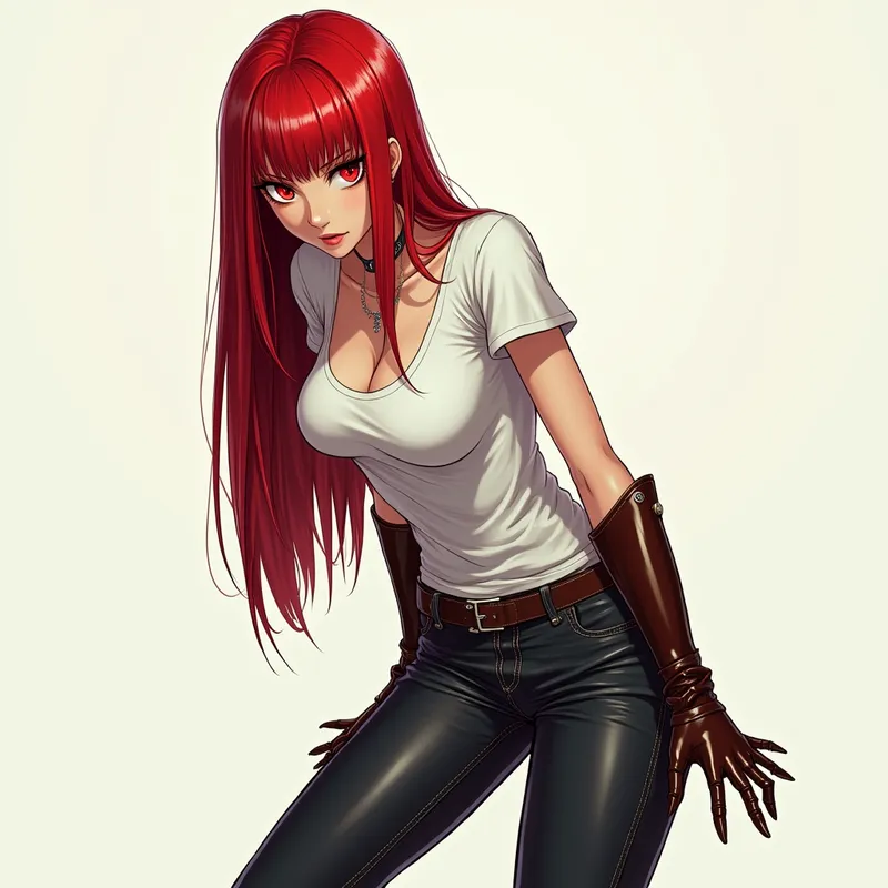 Vermilion Visionary - A manga-style, seductive cyborg girl with shiny straight red hair and glowing red eyes. Outfitted in a white t-shirt with a deep neckline, dark slim-cut jeans, and glossy brown leather equestrian boots ending just below the knee, with matching gloves. She leans forward, locking eyes with the viewer, exuding both strength and allure. - AI image generated with Photorealistic 2