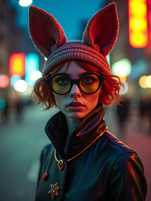 Vibrant '60s Vogue Fantasy - 60's era fashion model, strange nonsensical material, animal, describe colors, face wearable, headgear, clothing, full body fashion, hair color, eye colors, glasses or not, hyperrealistic, vivid and vibrant, 4k, areal view - AI image generated with Photorealistic 2 - dark tones, deserted street at night