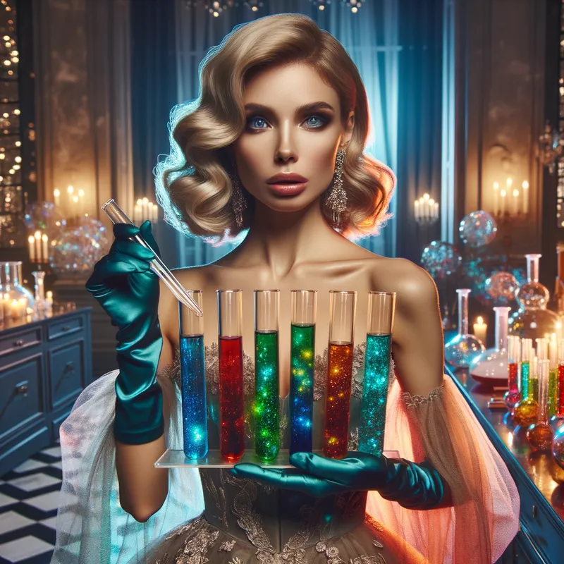 Vibrant Alchemy - A sophisticated lady wearing an elegant dress holds an array of colorful glass tubes. The tubes shimmer in vibrant hues of red, blue, green, and yellow, casting a magical glow on her face. She stands in a luxurious, modern laboratory filled with scientific equipment and mystical elements. - AI image generated with Art
