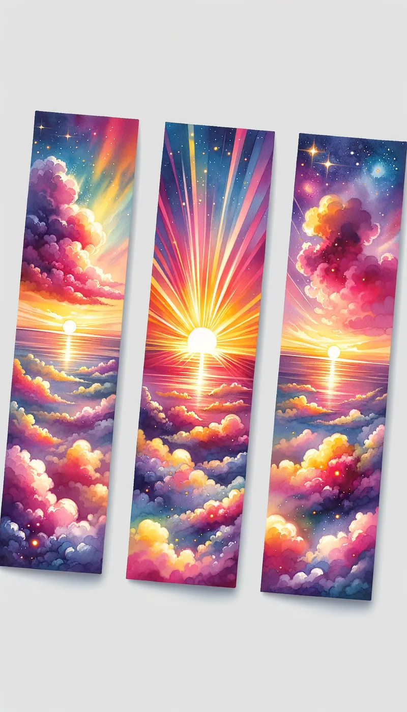 Vibrant Bookmarks - 3 bookmarks with beautiful water color sun rise with pinks and yellow and orange. Some small clouds bright vibrant colors - AI image generated with Art - colorful, watercolor, hyper-surrealism